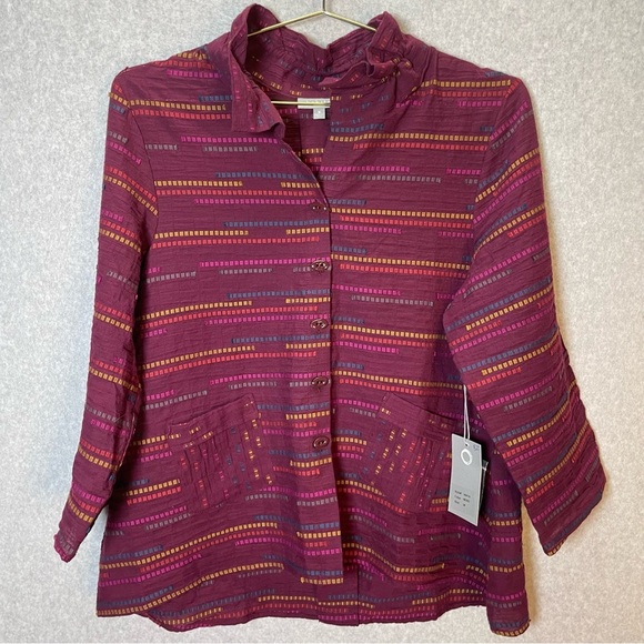 Habitat Clothes to Live In Peruvian Striped  Wired Ruffle Collar Button Down Top - Picture 1 of 6
